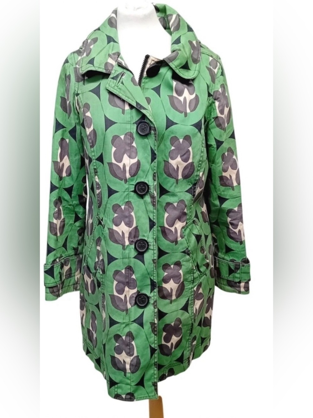 Boden Fleece Lined Trench Raincoat Green Floral Size US 16